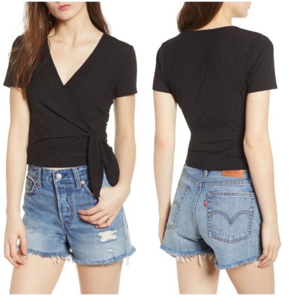 Ten Sixty Sherman Ribbed Wrap Front Top - Black